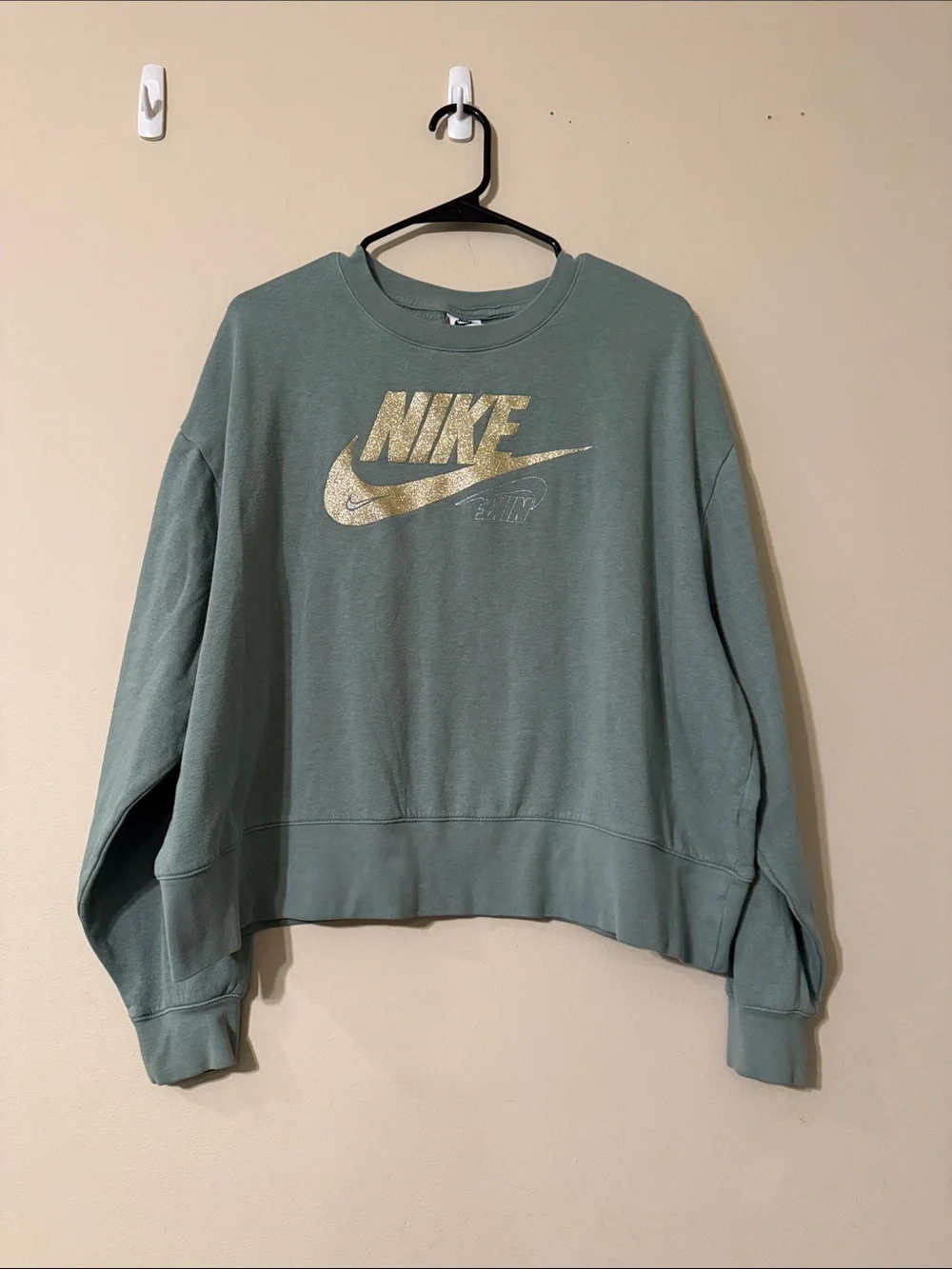 Nike Sage Green Crewneck Sweatshirt with Metallic Gold Swoosh